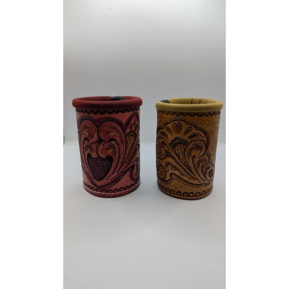 Vintage Hand Tooled Leather Can Koozies Set of 2 Western Floral Drink Cozies